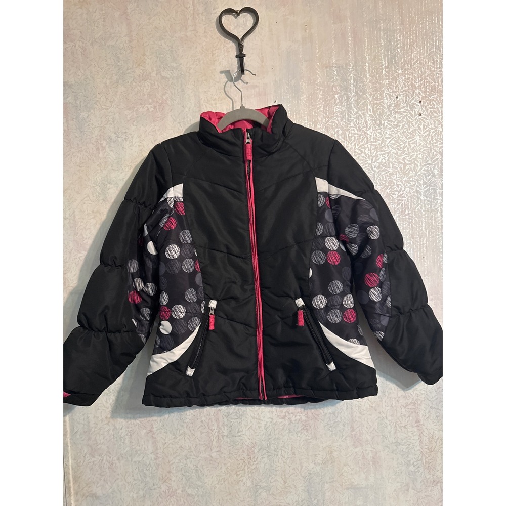 London Fog Girls Black Pink Polka Dot Puffer Jacket Size L 14-16 L212AX77